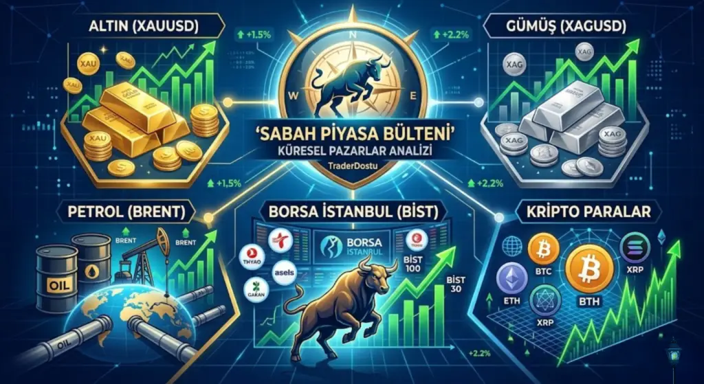 Sabah piyasa bülteni; altın, gümüş, Borsa İstanbul, petrol ve kripto para küresel piyasalar analiz grafiği.