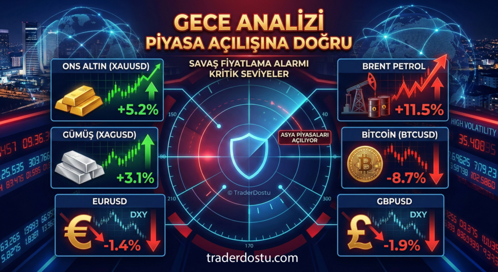 Asya piyasaları açılışı ve gece analizi; altın, gümüş, brent petrol, bitcoin ve döviz kurları savaş fiyatlaması tablosu